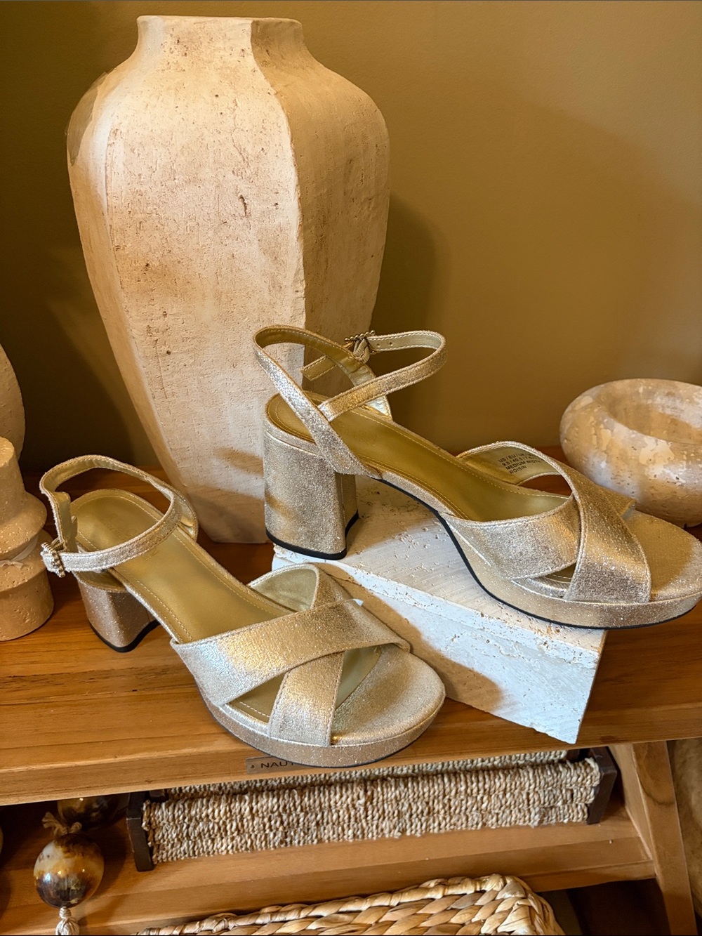 Kenneth Cole Reaction Metallic Gold Crisscross Platform Block Heels